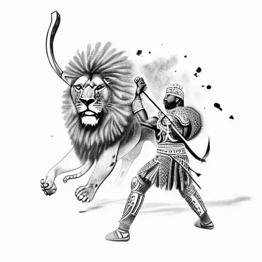 African Warrior Fighting A Lion