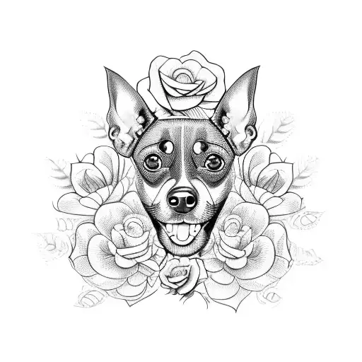 Pinscher Dog With A Happy Face And Flowers Around