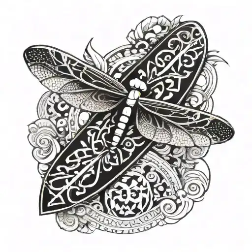 A Dragonfly With Aztec Geometric Patterns Flying Over A Surfboard