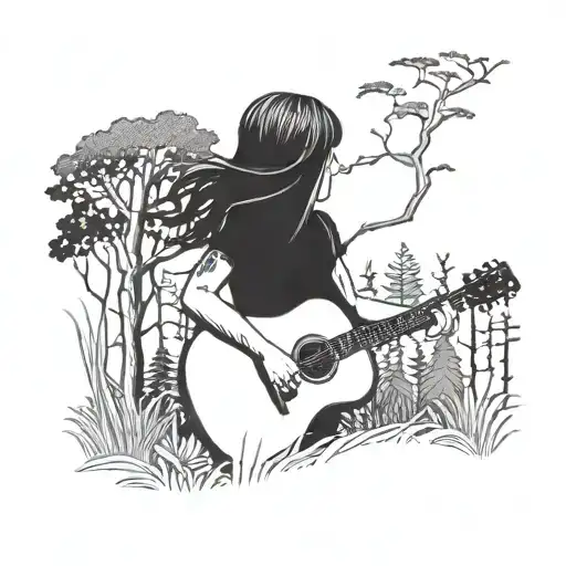 A Tattoo Design Featuring A Blackwork Silhouette Of A Girl Playing A Guitar In A Forest Setting