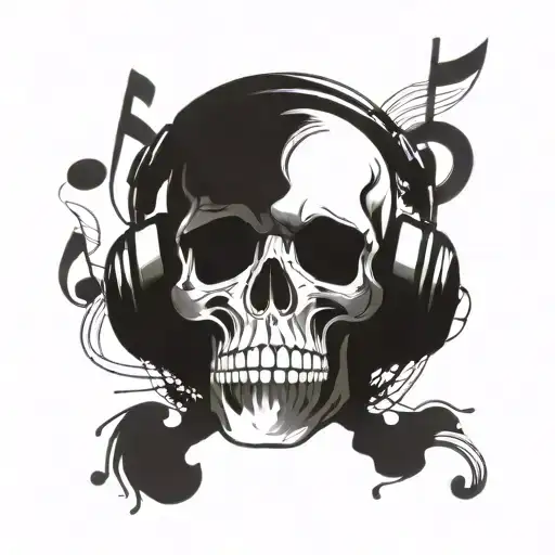 A Skull Wearing Headphones With Music Notes As The Background