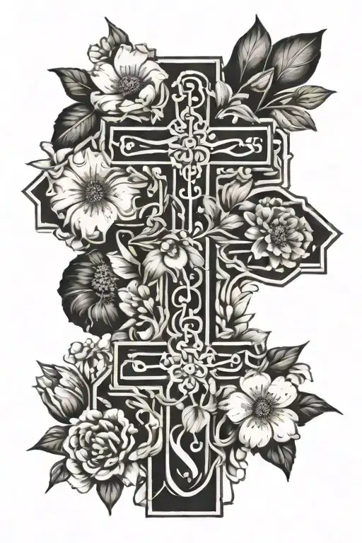 Big Cross Surrounded By 3 Birth Month Flowers February January October