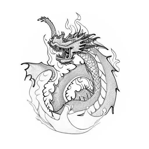 A Fire-breathing Dragon Emerging From The Sea In A Blackwork Style