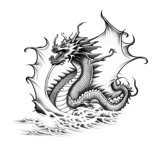 A Fire-breathing Dragon Emerging From The Sea In A Blackwork Style