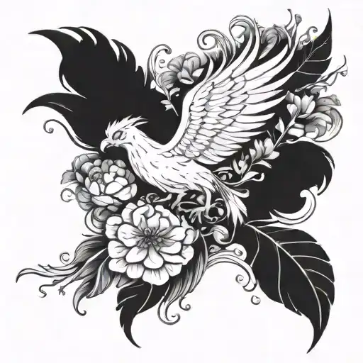 A Mythical Phoenix Rising From A Bed Of Blooming Flowers