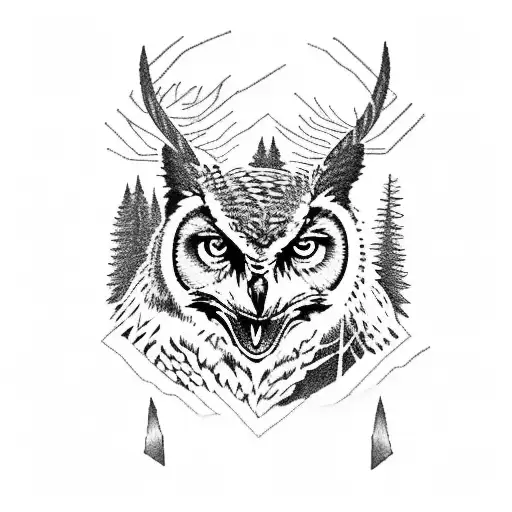 Horned Owl With A Red Tail Fox And A Grizzly Bear In A Outdoor Scene