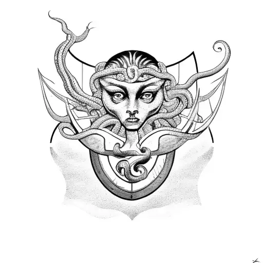A Fierce Medusa Holding A Shield With A Reflection Of Her Own Face