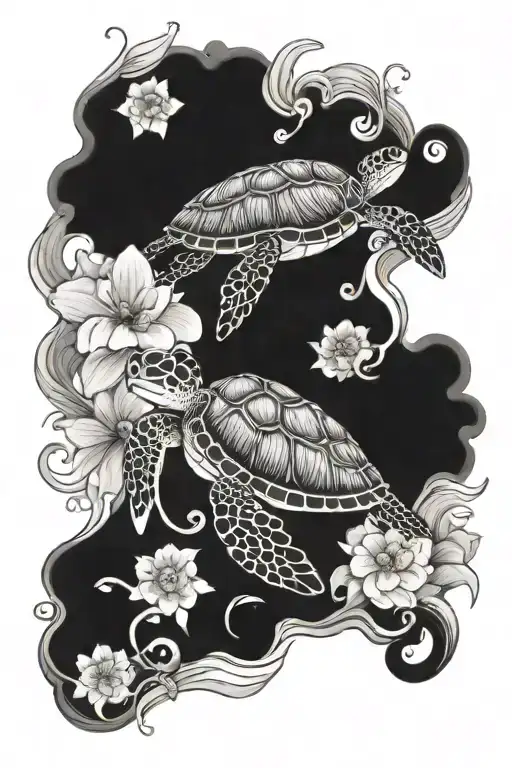Black And Grey Tattoo Of Sea Turtle With Flowers And Waves