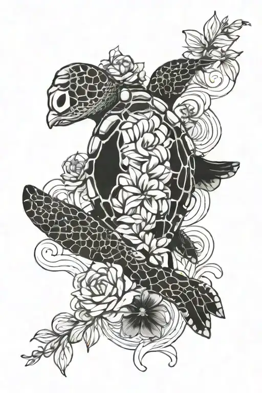 Black And Grey Tattoo Of Sea Turtle With Flowers And Waves