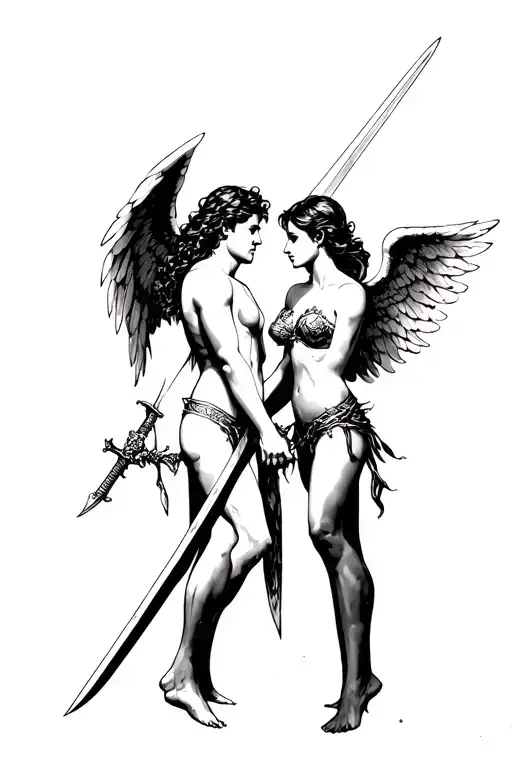 Male Angel And Female Angel And Sword Sexy Intertwined Anal