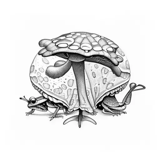 Cicada And Praying Mantis And Frog And Snail With A Mushroom And Ferns In The Background