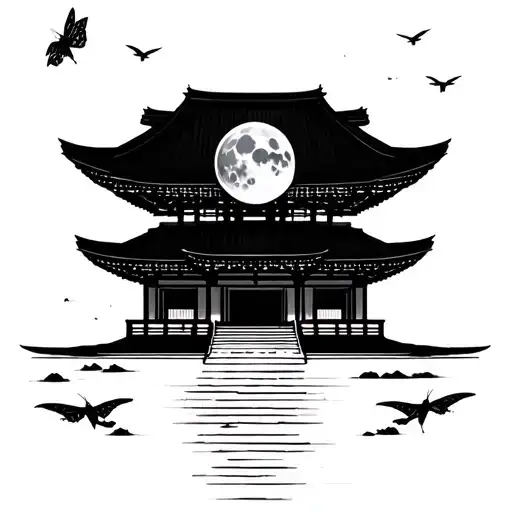 Japanese Temple With The Moon Moth Flying Near