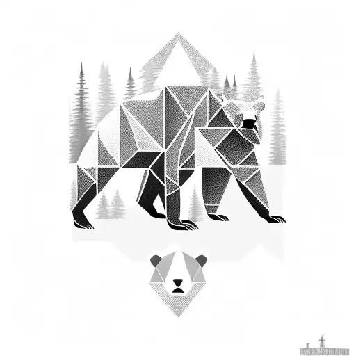 A Geometric Bear Silhouette Against A Background Of Pine Trees