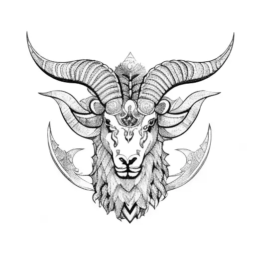 An Intricate Blackwork Tattoo Of A Ram's Head Merged With A Guitar
