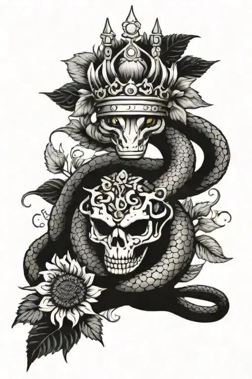 Cobra Snake With A Crown On Its Head Surrounded With Sunflowers