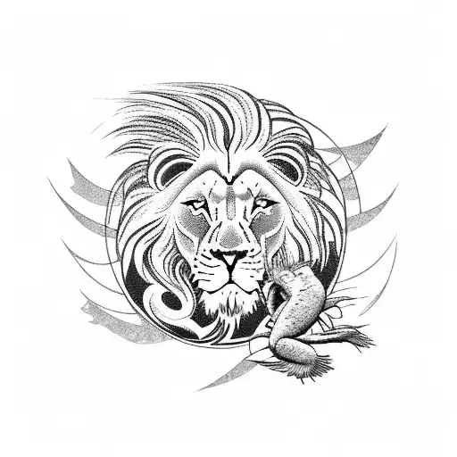 Lion In Background With White Doves Plus A Wave Underneath With A Fish Under The Wave And A Crab