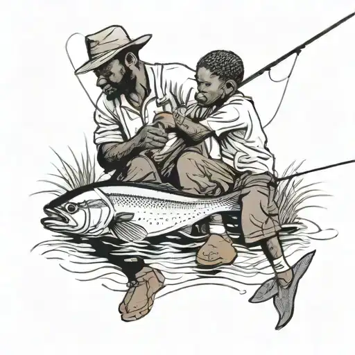 Black Dad Fishing With His Black Son