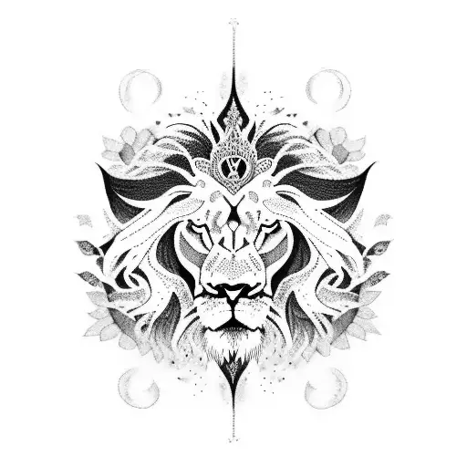 Lion With Docile And Fierce Gesture Decorated With Flowers Symbolizing Yin Yang