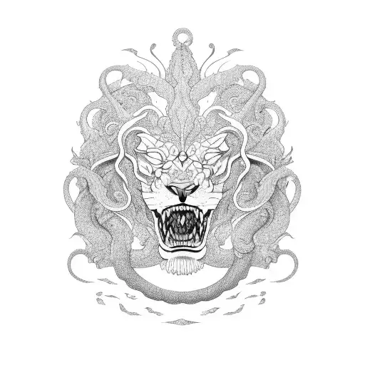 An Intricate Design Of A Lion And A Dragon Engaged In Combat