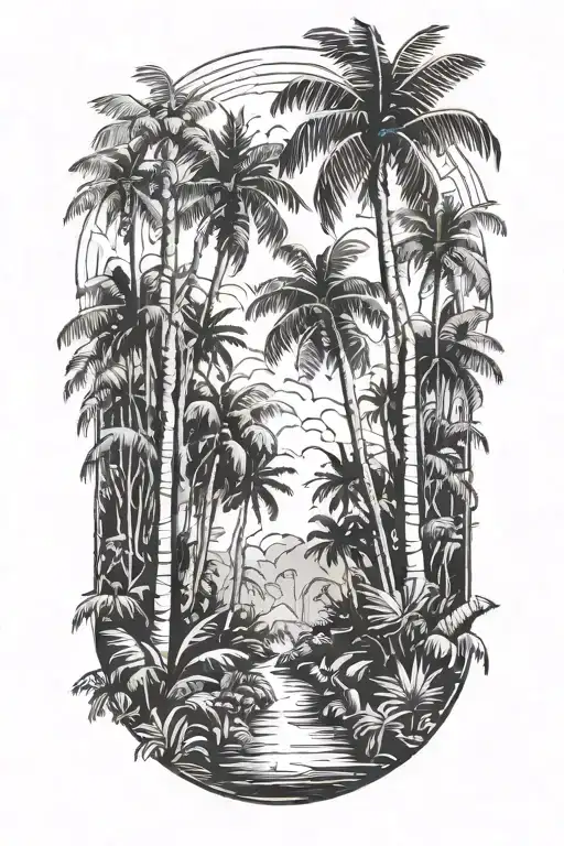 Straight Path Entry Into A Rainforest With Very Large Palm Trees