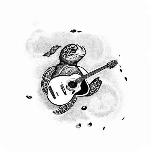 A Blackwork Tattoo Of A Turtle Playing A Guitar