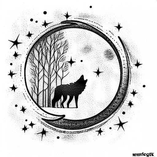 Wolf Looking Up At Moon Trees Around