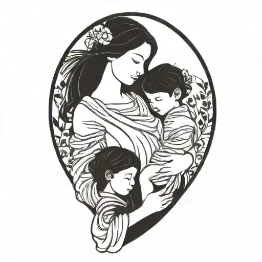 Faceless Mother Carrying Two Children