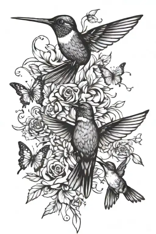 Hummingbird And Butterflies Flying