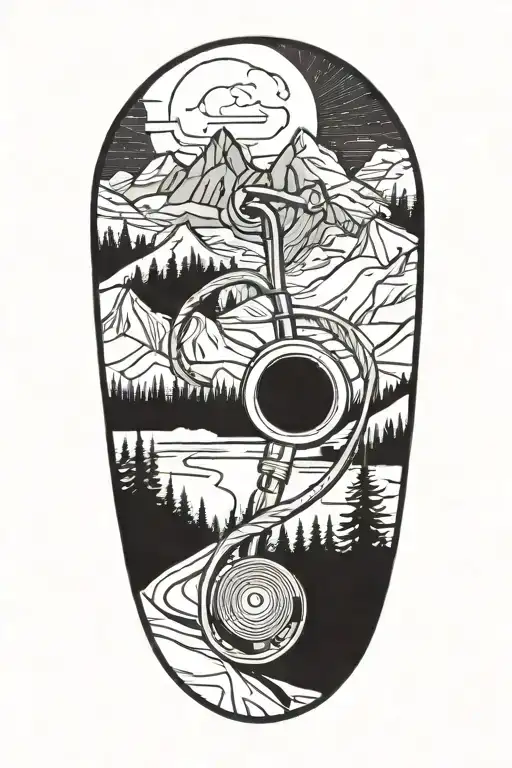 A Stylized Illustration Of A Doctor's Stethoscope Intertwined With Mountain Peaks And Pine Trees