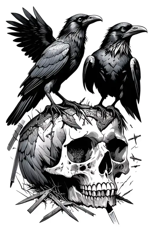 2 Ravens Perched Atop A Skull In A Field Of Broken Norse Swords