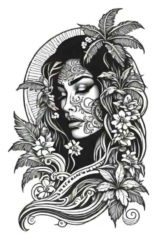 Palm Trees And Waves And Flower And Beautiful Face