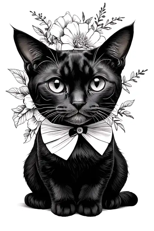Tuxedo Cat Sitting With Floral Patterns
