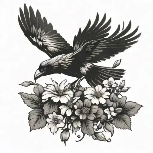 Flying Raven With Marigolds And Cosmos Realistic