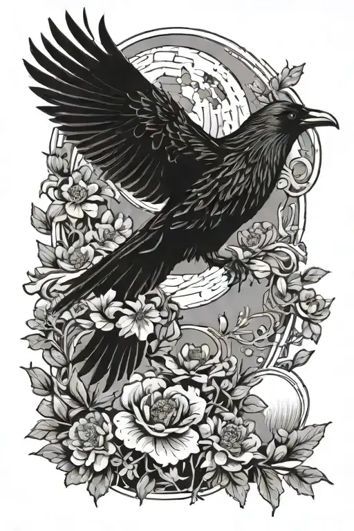 Flying Raven With Marigolds And Cosmos