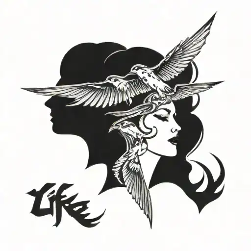 Swallows Carrying The Word 'Life' In Their Beaks Above A Woman's Head