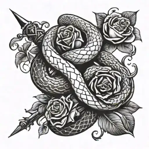 A Snake Entwined With Daggers And Roses Growing