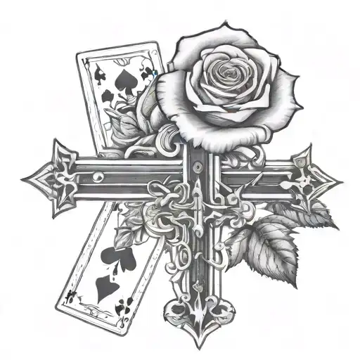 Rose Behind A Cross With Playing Cards