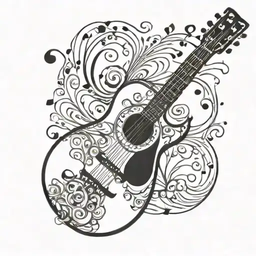 A Stylized Guitar With Intricate Details And Music Notes Floating Around It