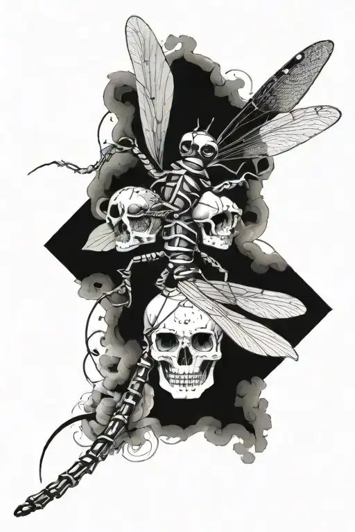 Dragonfly With Human Skull As Head And Spine As Body