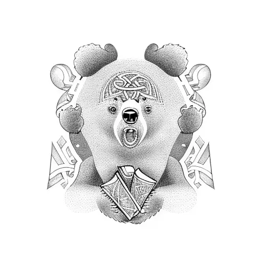 A Dotwork Tattoo Of A Bear Reading A History Book With Celtic Symbols In The Background