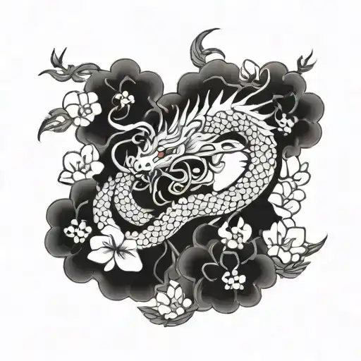 Dragon Intertwined With A Snake In Sakura Flowers