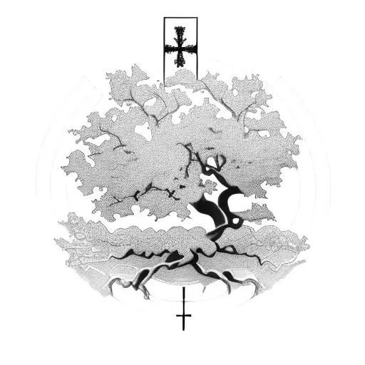 Oak Tree That Has A Cross In It's Trunk That Then Goes Into Dna As The Roots