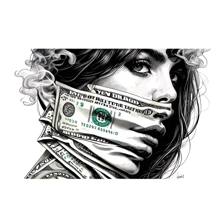 Chicano Girl Half Face Covered With Dollar Bills And Smoke Around The Face