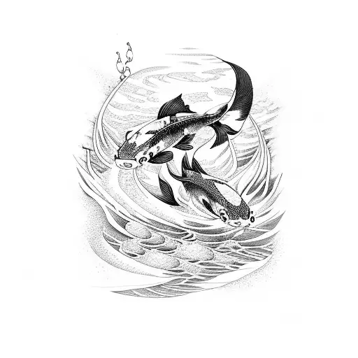 Koi Fish Swimming Upstream In A River With A Waterfall