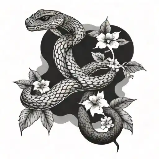Snake Going Up Arm Sleeve Tattoo Design With Trees And Flowers