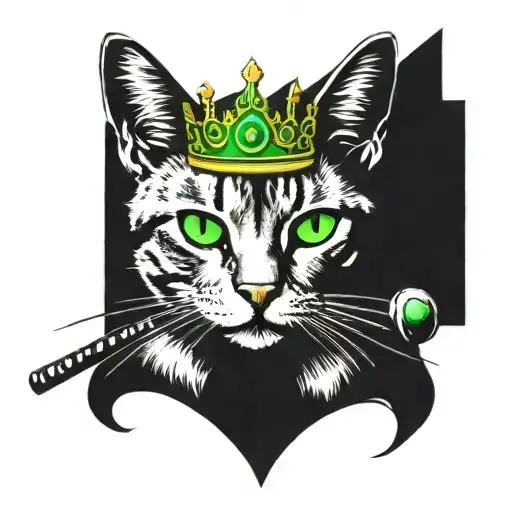 1 Tabby Cat With Green Eyes Wearing A Crown And Holding A Scepter