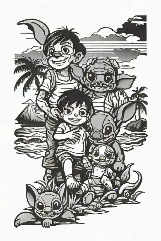 Stitch Family 2 Kids 1 Adult Beach Scene