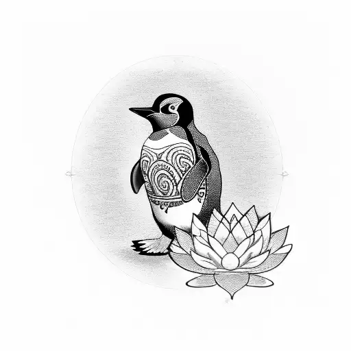 A Blackwork Tattoo Of A Penguin Holding A Lotus Flower