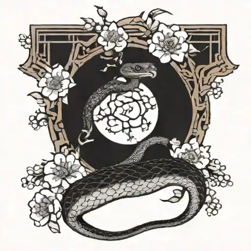 A Sakura Tree And A Snake With A Full Moon Background