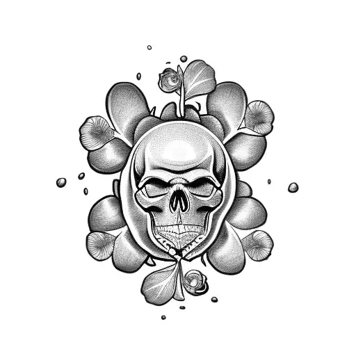 Skull With Four Leaf Clovers Growing Out Of The Eyes A Rose And A Sand Timer